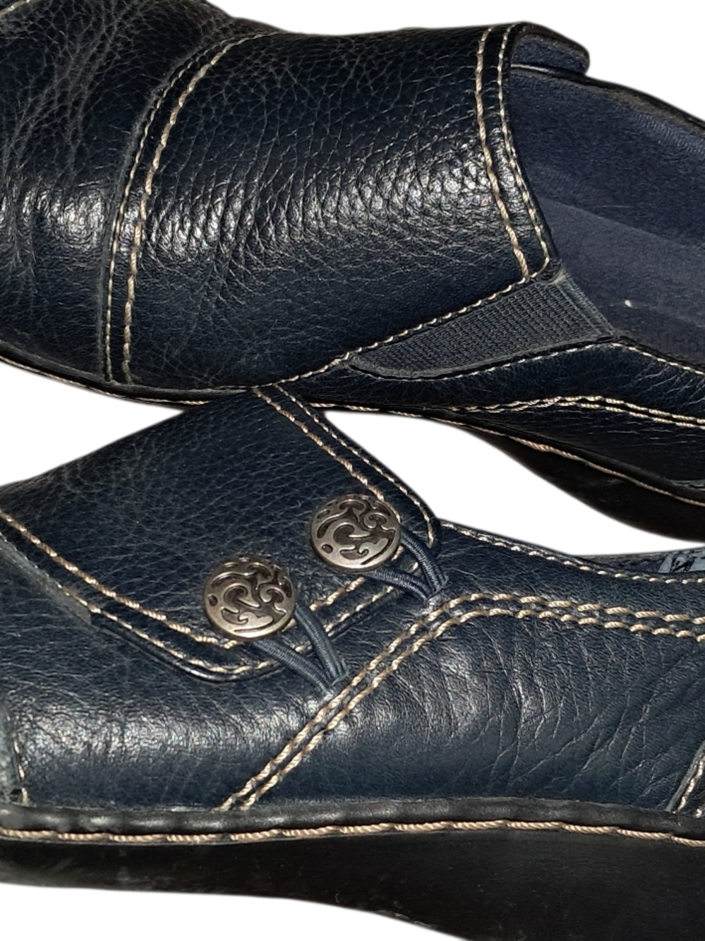 Clarks Navy Leather Slip-On Loafers with Contrast Stitching and Button Detail - Picture 2 of 4